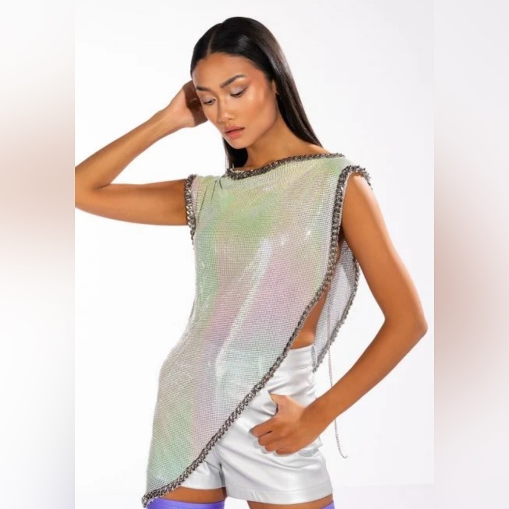 Akira Icy High Shine Asymmetrical Chainmail Blouse in White